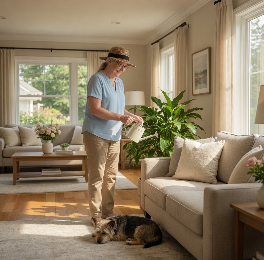 Catherine watering a houseplant in a sunlit living room with a dog resting nearby